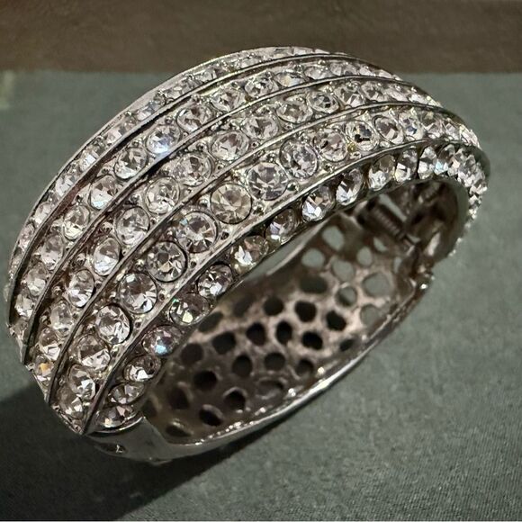 WIDE SILVER RHINESTONE HINGED CUFF BRACELET – 2.5” x 2.7” STATEMENT BANGLE - Picture 15 of 17